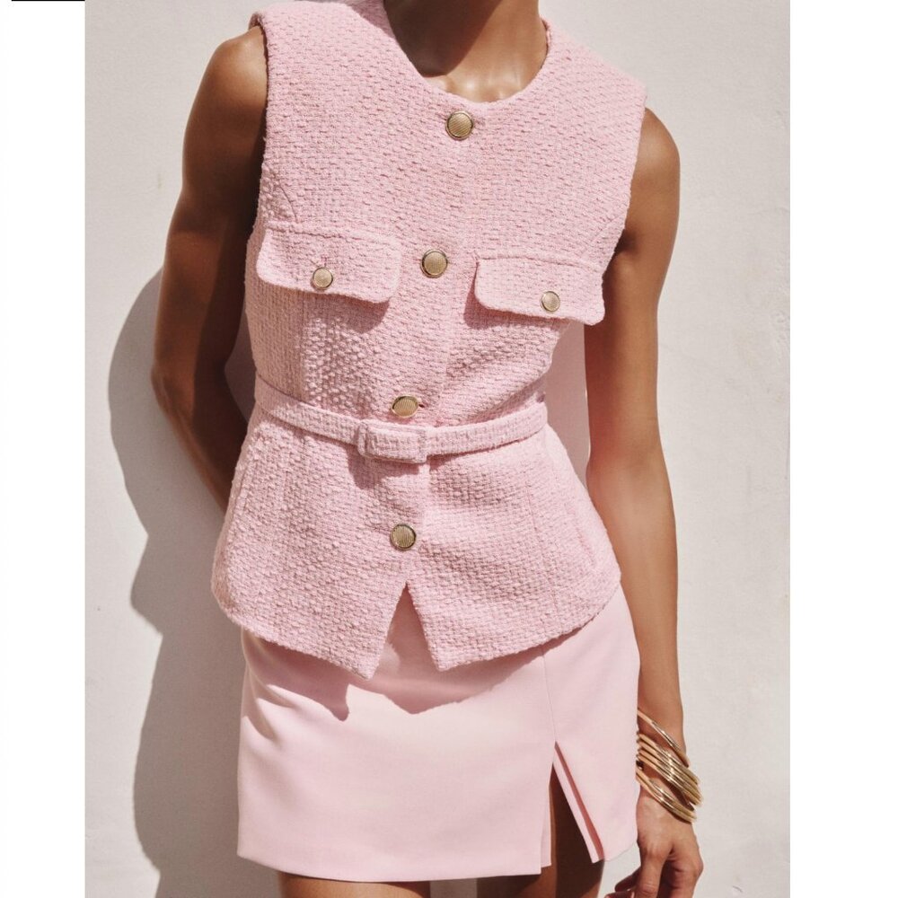 Zara Women Textured STRUCTURED BELTED VEST Pink M NWT - Picture 5 of 14